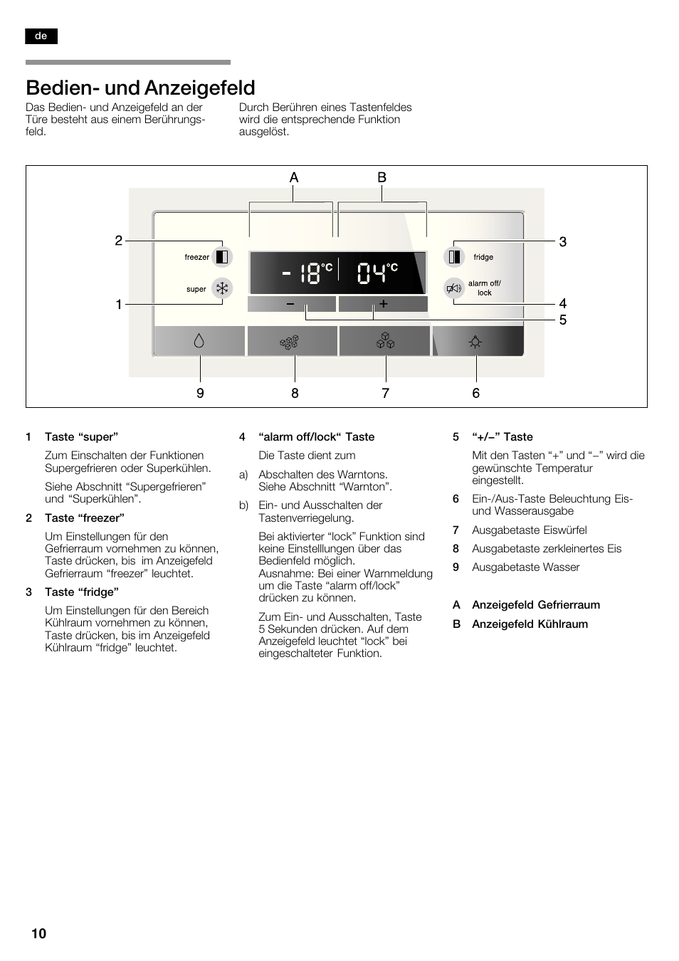 Bedienć und anzeigefeld | Bosch KAD62V40 Réfrigérateur-congélateur américain Confort User Manual | Page 10 / 119