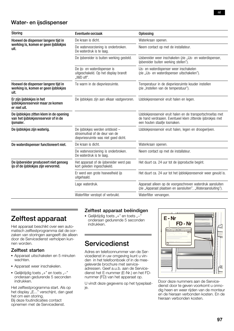 Zelftest apparaat, Servicedienst, Waterć en ijsdispenser | Bosch KAD62V40 Réfrigérateur-congélateur américain Confort User Manual | Page 97 / 119
