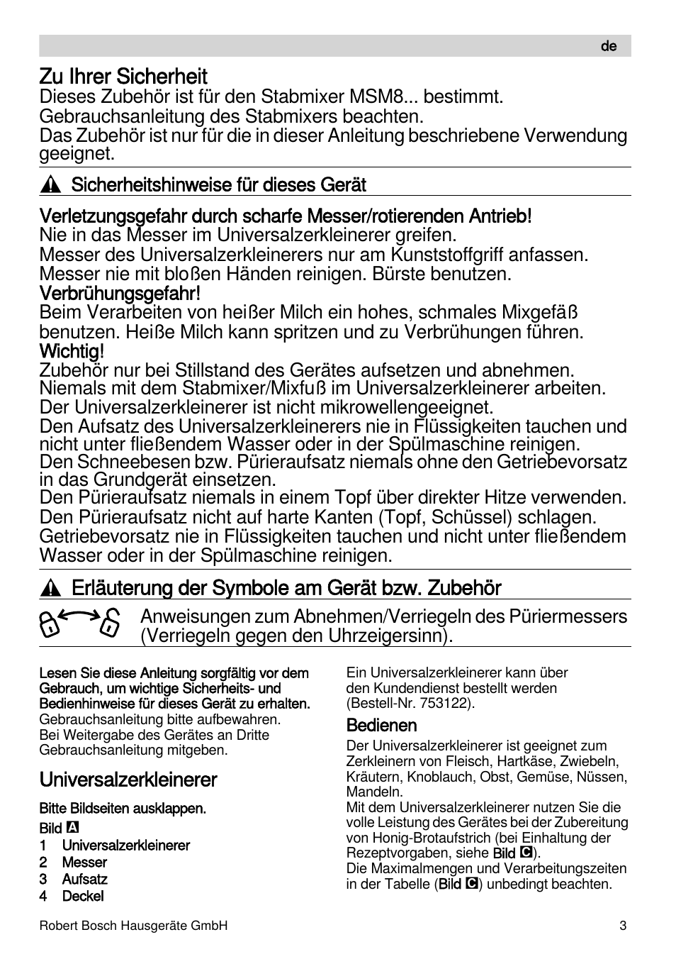 Zu ihrer sicherheit, Erläuterung der symbole am gerät bzw. zubehör, Universalzerkleinerer | Bosch MSM87165 Mixeur plongeant noir EDG User Manual | Page 3 / 75