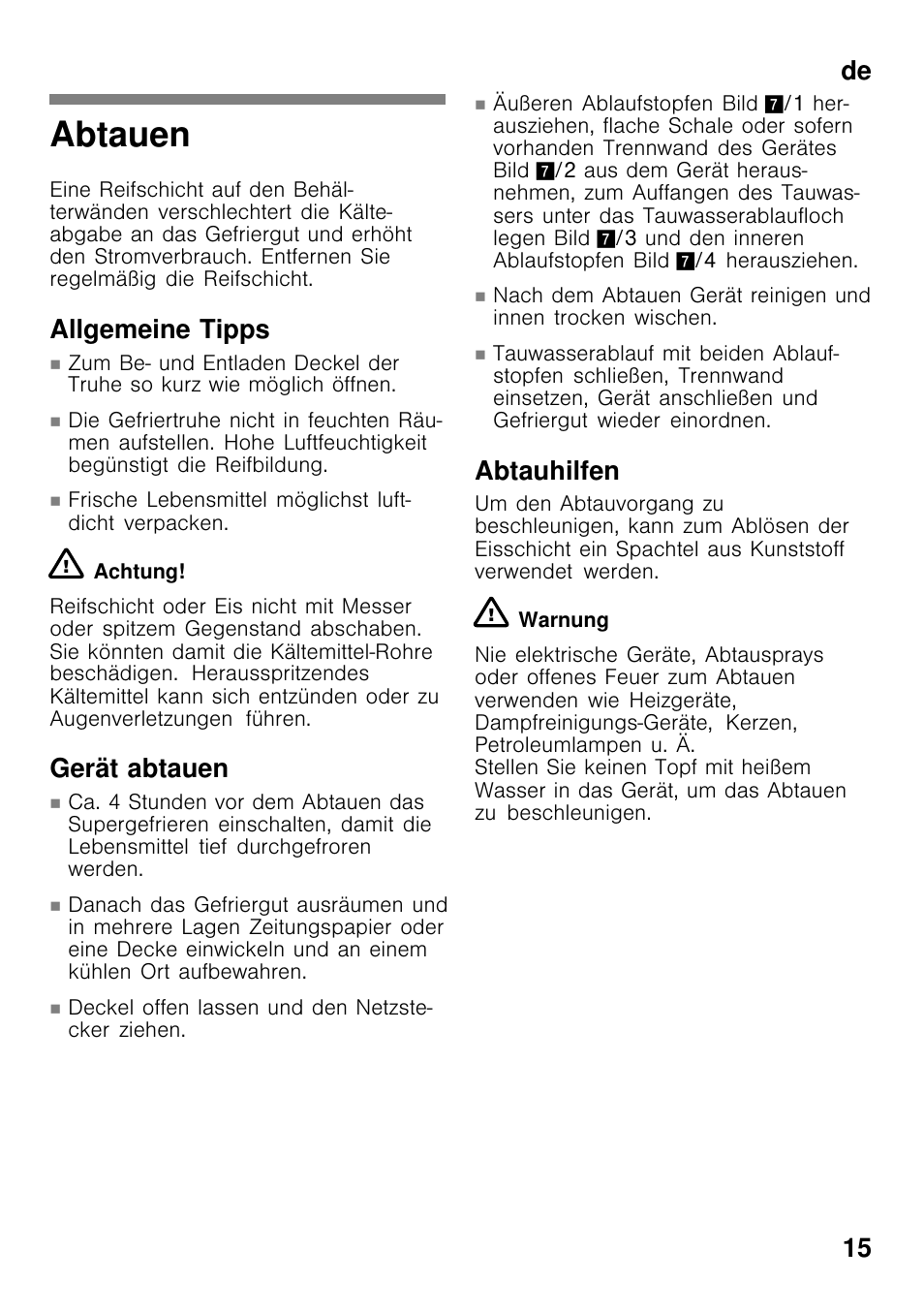Abtauen, De 15, Allgemeine tipps | Gerät abtauen, Abtauhilfen | Bosch GCM34AW20 User Manual | Page 15 / 85