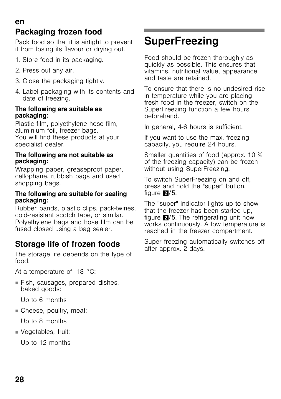 Superfreezing, En 28 packaging frozen food, Storage life of frozen foods | Bosch GCM34AW20 User Manual | Page 28 / 85