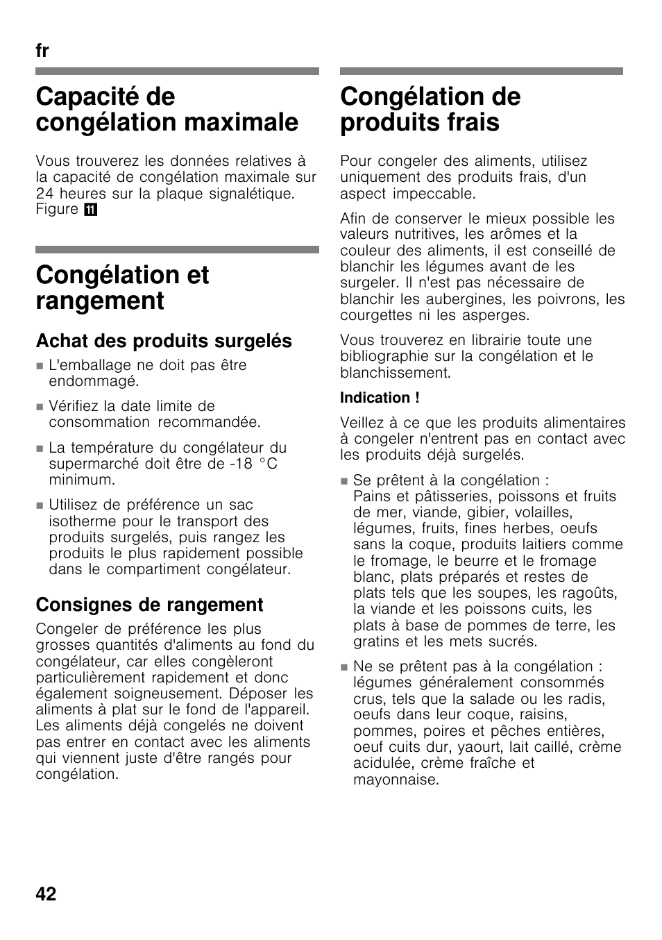 Capacité de congélation maximale, Congélation et rangement, Congélation de produits frais | Fr 42, Achat des produits surgelés, Consignes de rangement | Bosch GCM34AW20 User Manual | Page 42 / 85