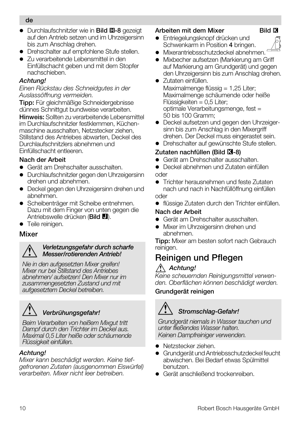 Reinigen und pflegen | Bosch MUM57810 KITCHEN MACHINE INOX 900W HOME PRO Home Professional User Manual | Page 10 / 208