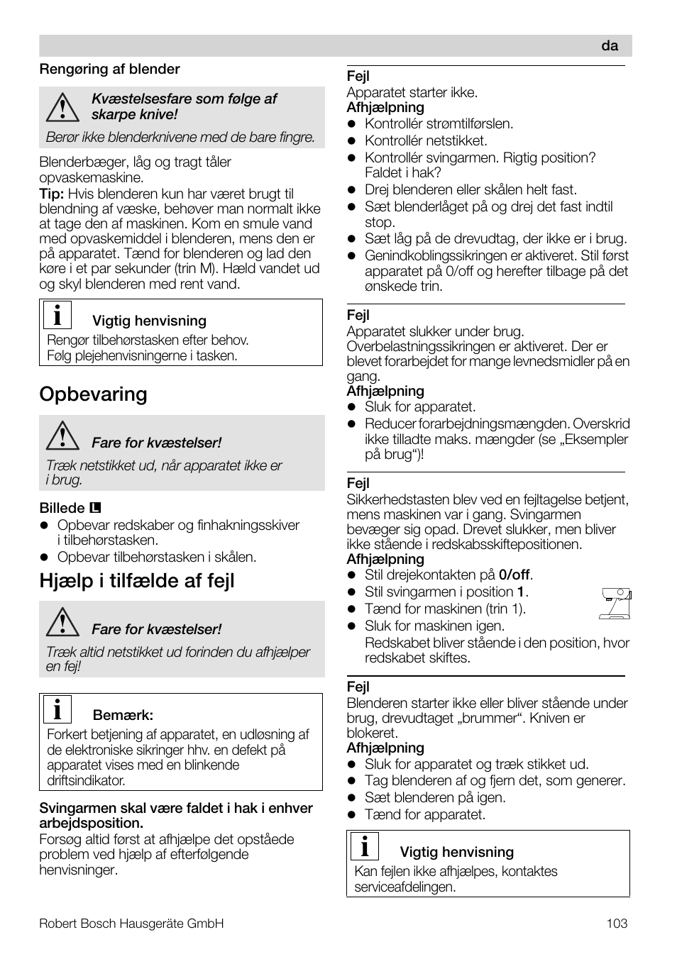 Opbevaring, Hjælp i tilfælde af fejl | Bosch MUM57810 KITCHEN MACHINE INOX 900W HOME PRO Home Professional User Manual | Page 103 / 208