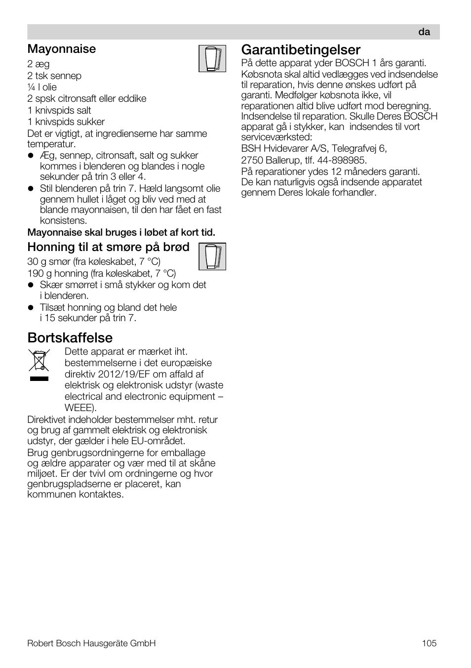 Bortskaffelse, Garantibetingelser | Bosch MUM57810 KITCHEN MACHINE INOX 900W HOME PRO Home Professional User Manual | Page 105 / 208