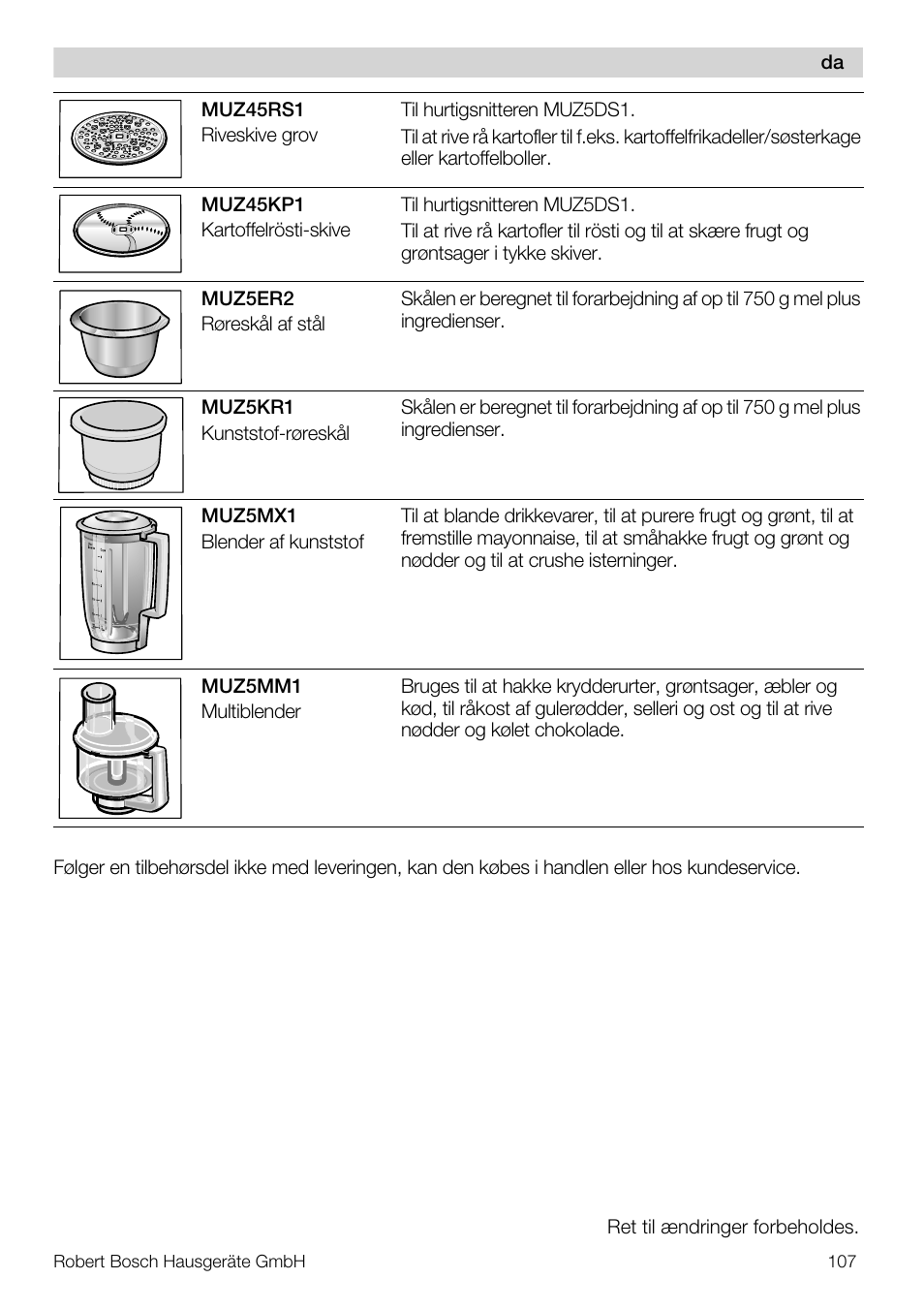 Bosch MUM57810 KITCHEN MACHINE INOX 900W HOME PRO Home Professional User Manual | Page 107 / 208