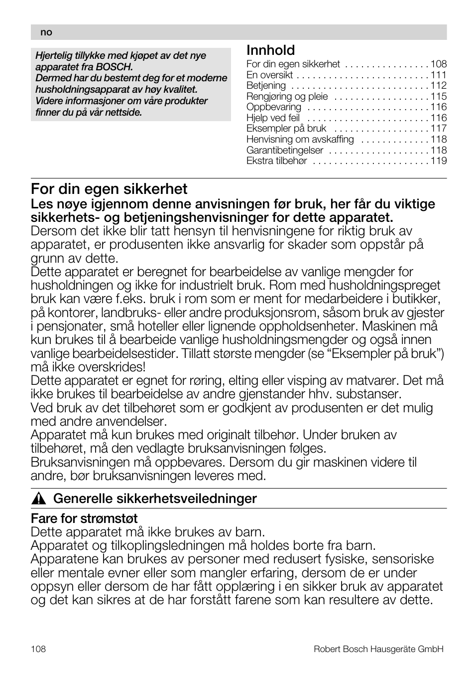 For din egen sikkerhet, Innhold | Bosch MUM57810 KITCHEN MACHINE INOX 900W HOME PRO Home Professional User Manual | Page 108 / 208