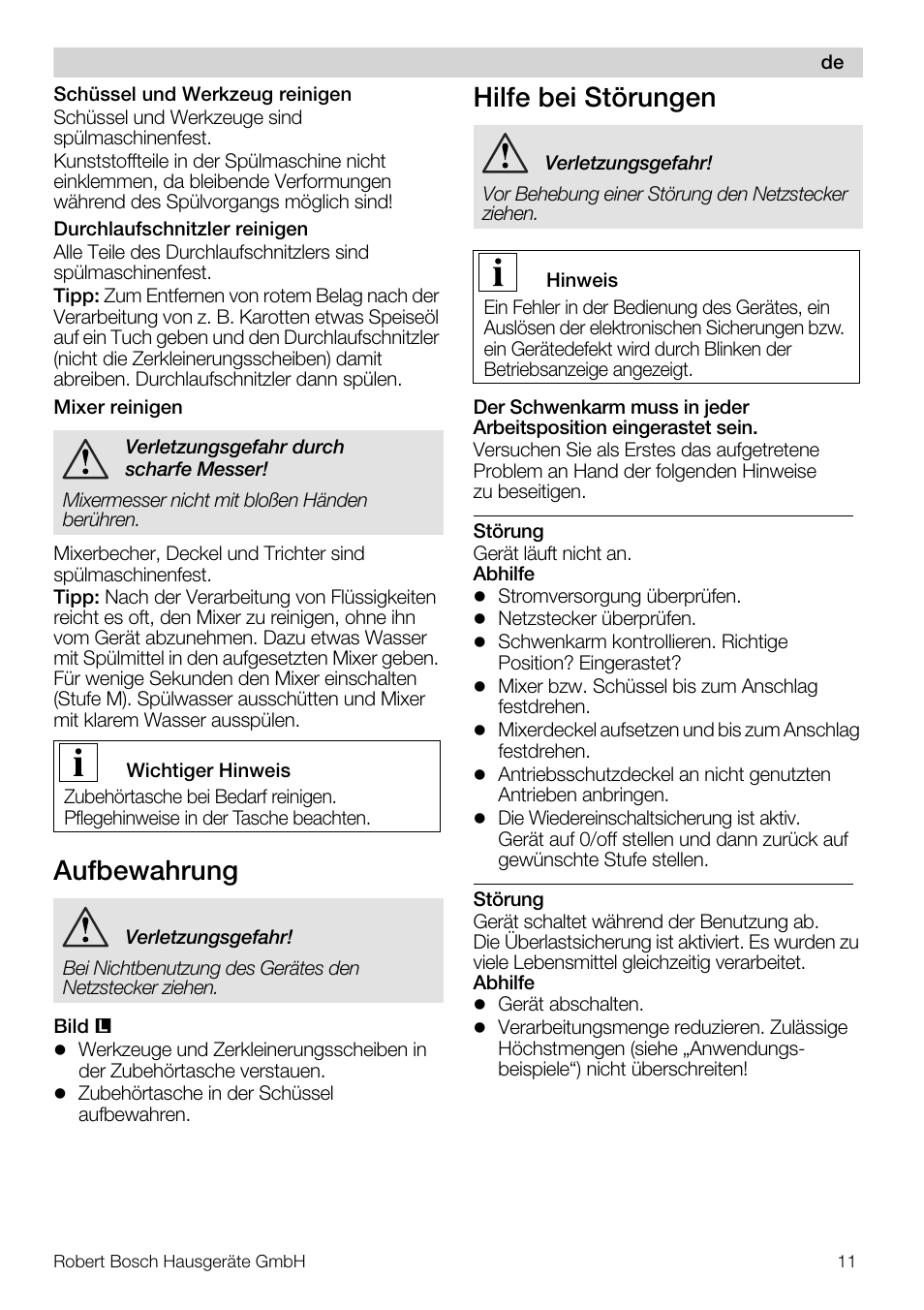 Aufbewahrung, Hilfe bei störungen | Bosch MUM57810 KITCHEN MACHINE INOX 900W HOME PRO Home Professional User Manual | Page 11 / 208