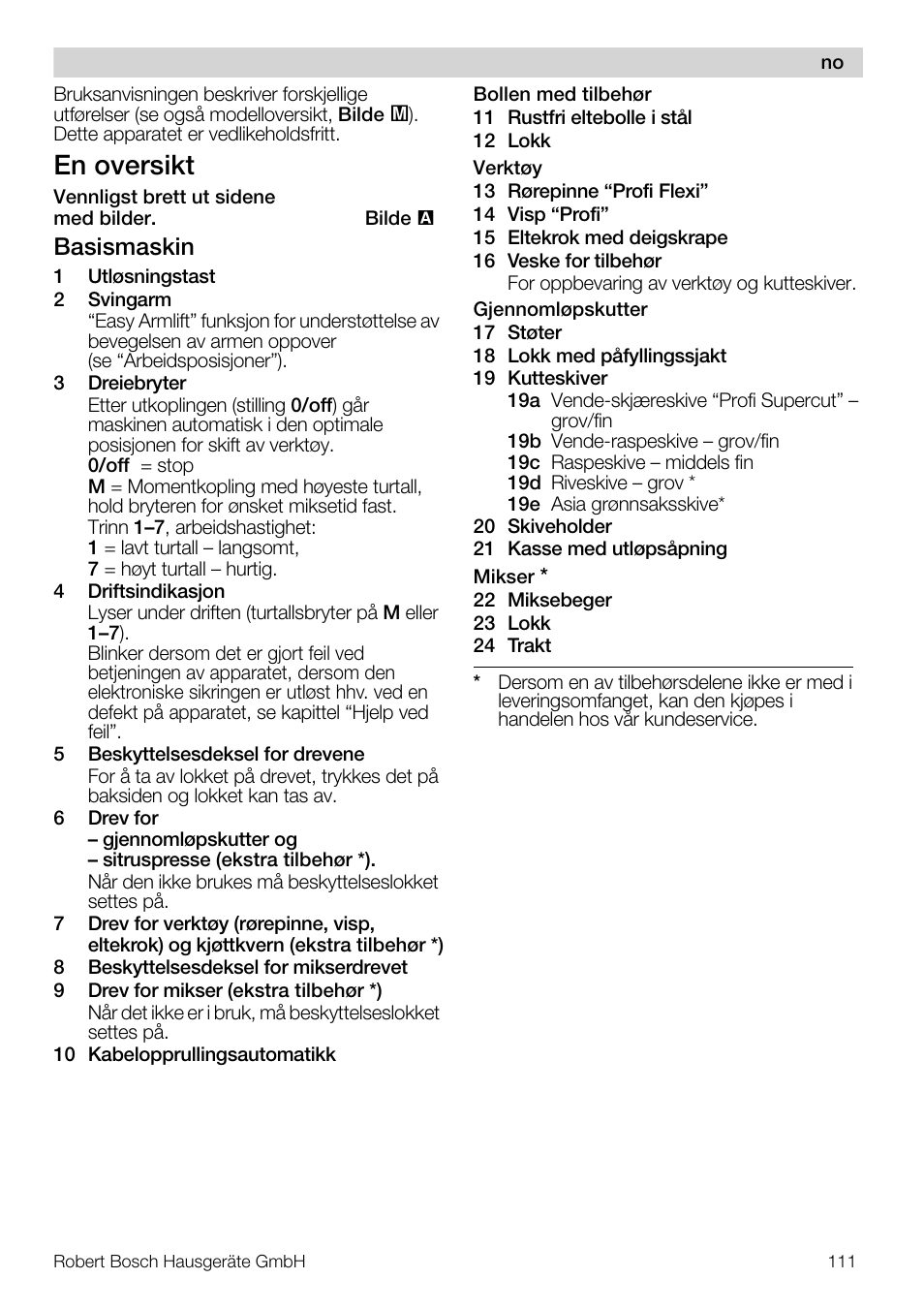 En oversikt, Basismaskin | Bosch MUM57810 KITCHEN MACHINE INOX 900W HOME PRO Home Professional User Manual | Page 111 / 208