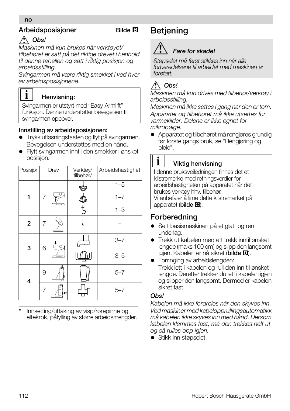 Betjening, Forberedning | Bosch MUM57810 KITCHEN MACHINE INOX 900W HOME PRO Home Professional User Manual | Page 112 / 208