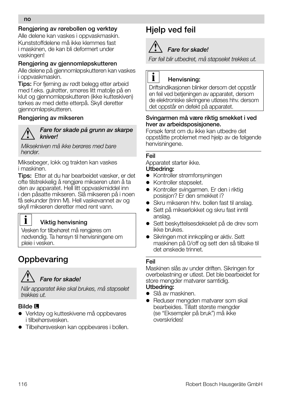 Oppbevaring, Hjelp ved feil | Bosch MUM57810 KITCHEN MACHINE INOX 900W HOME PRO Home Professional User Manual | Page 116 / 208