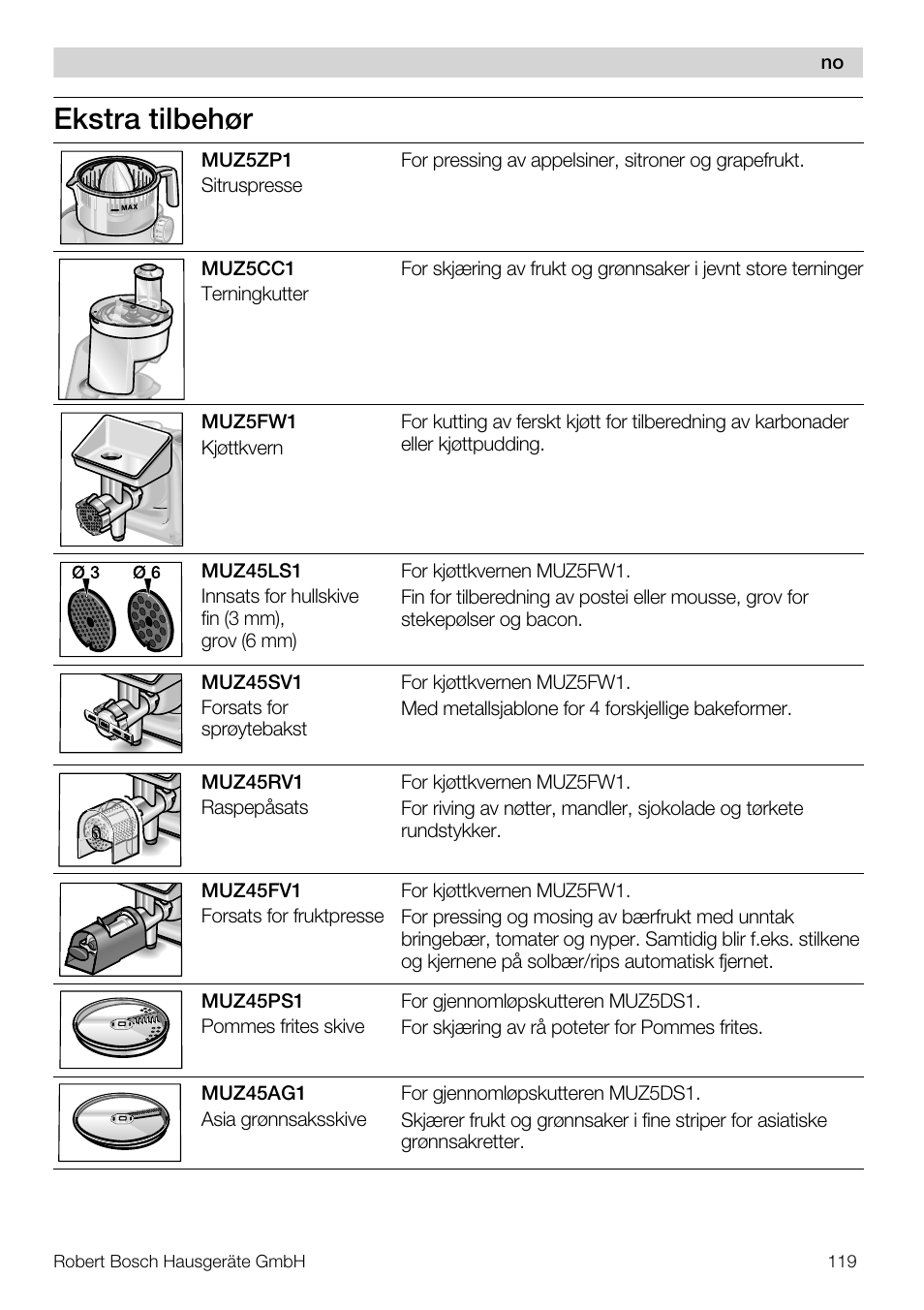 Ekstra tilbehør | Bosch MUM57810 KITCHEN MACHINE INOX 900W HOME PRO Home Professional User Manual | Page 119 / 208