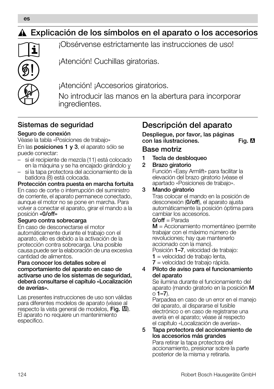 Descripción del aparato | Bosch MUM57810 KITCHEN MACHINE INOX 900W HOME PRO Home Professional User Manual | Page 124 / 208