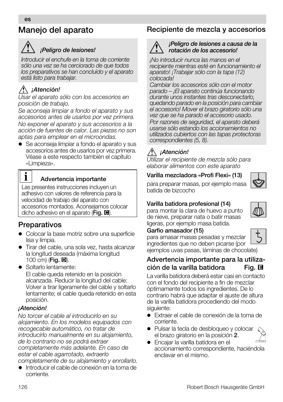 Manejo del aparato, Preparativos, Recipiente de mezcla y accesorios | Bosch MUM57810 KITCHEN MACHINE INOX 900W HOME PRO Home Professional User Manual | Page 126 / 208