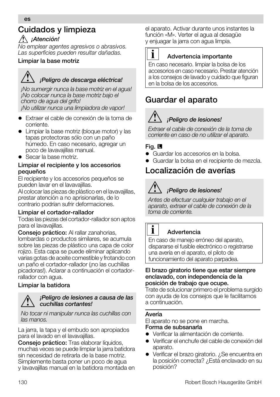 Cuidados y limpieza, Guardar el aparato, Localización de averías | Bosch MUM57810 KITCHEN MACHINE INOX 900W HOME PRO Home Professional User Manual | Page 130 / 208