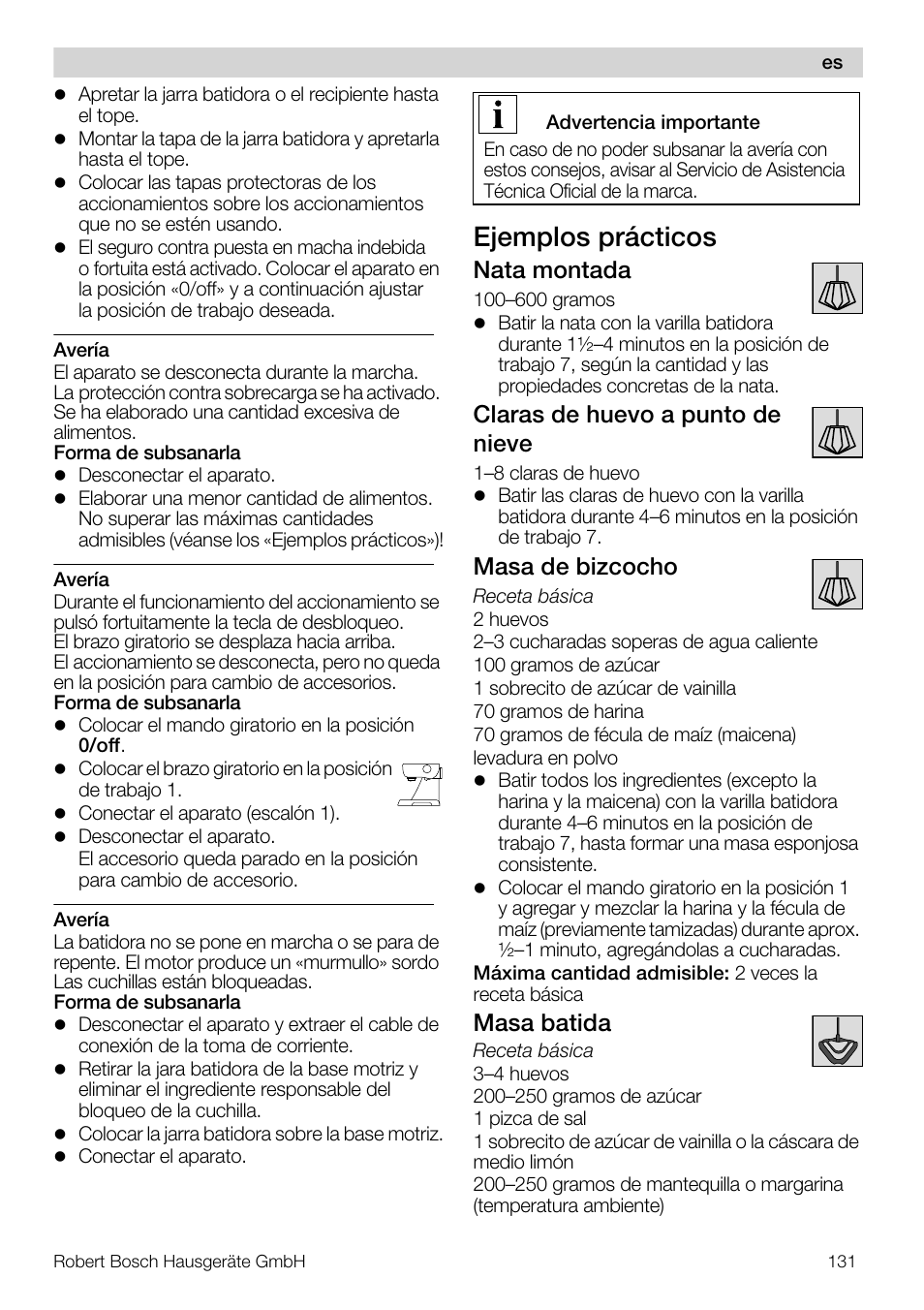 Ejemplos prácticos, Nata montada, Claras de huevo a punto de nieve | Masa de bizcocho, Masa batida | Bosch MUM57810 KITCHEN MACHINE INOX 900W HOME PRO Home Professional User Manual | Page 131 / 208