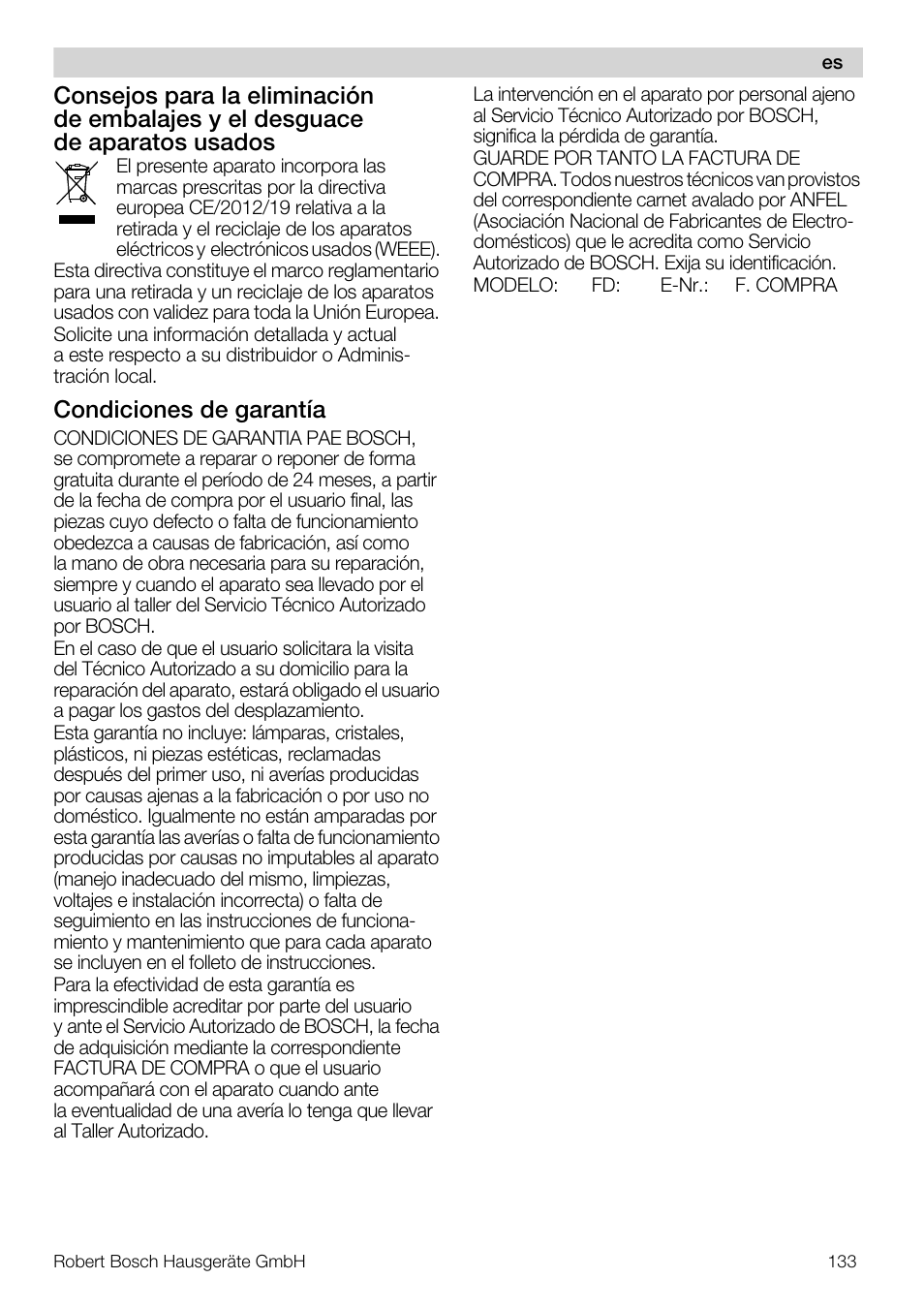 Condiciones de garantía | Bosch MUM57810 KITCHEN MACHINE INOX 900W HOME PRO Home Professional User Manual | Page 133 / 208