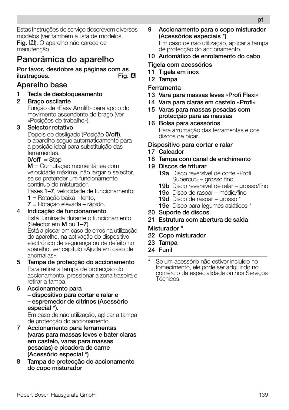 Panorâmica do aparelho, Aparelho base | Bosch MUM57810 KITCHEN MACHINE INOX 900W HOME PRO Home Professional User Manual | Page 139 / 208