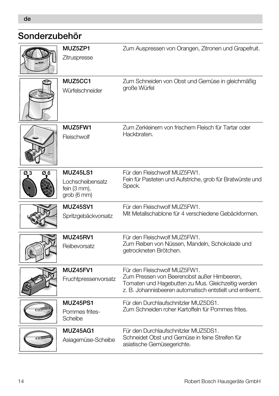 Sonderzubehör | Bosch MUM57810 KITCHEN MACHINE INOX 900W HOME PRO Home Professional User Manual | Page 14 / 208