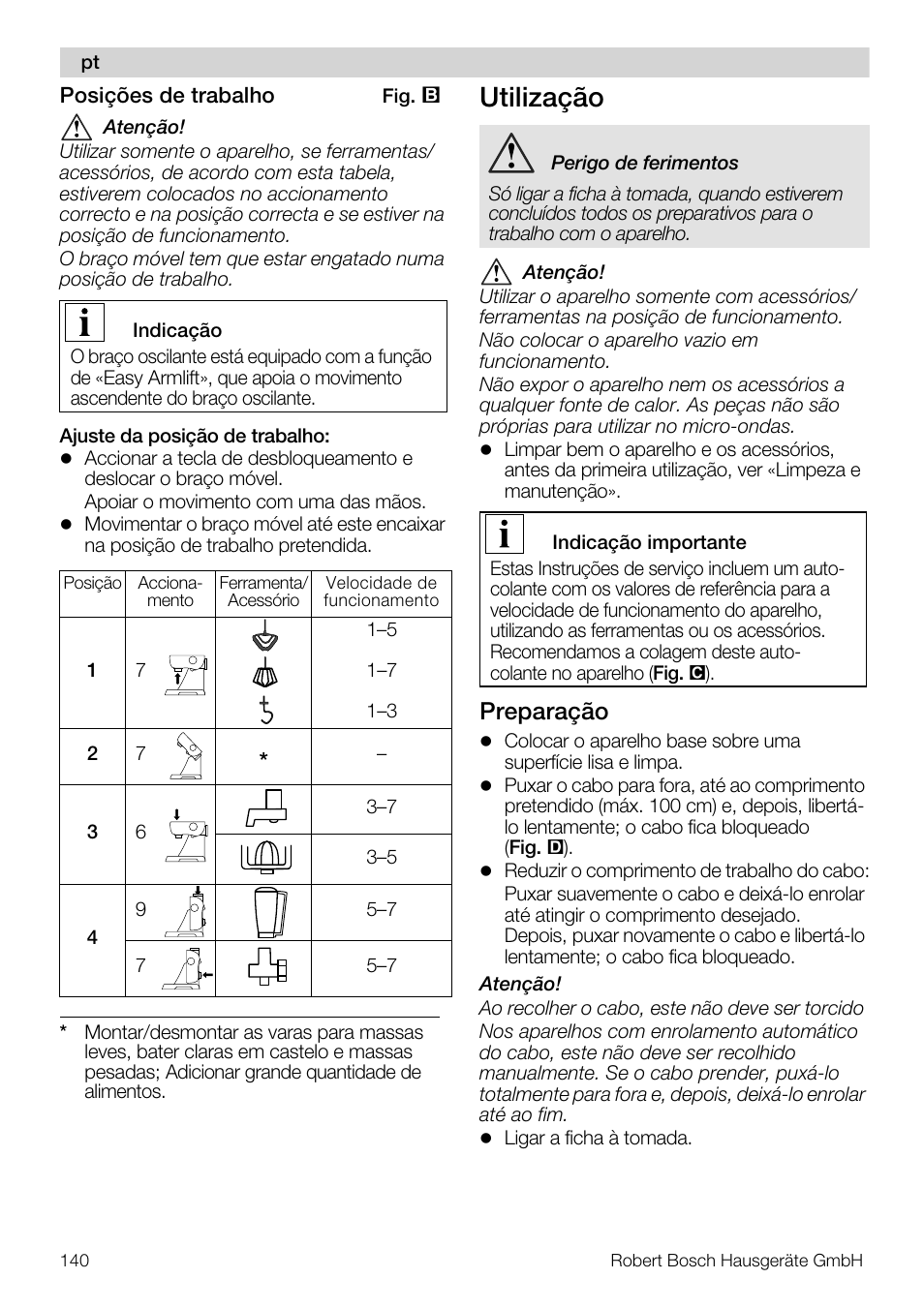 Utilização, Preparação | Bosch MUM57810 KITCHEN MACHINE INOX 900W HOME PRO Home Professional User Manual | Page 140 / 208