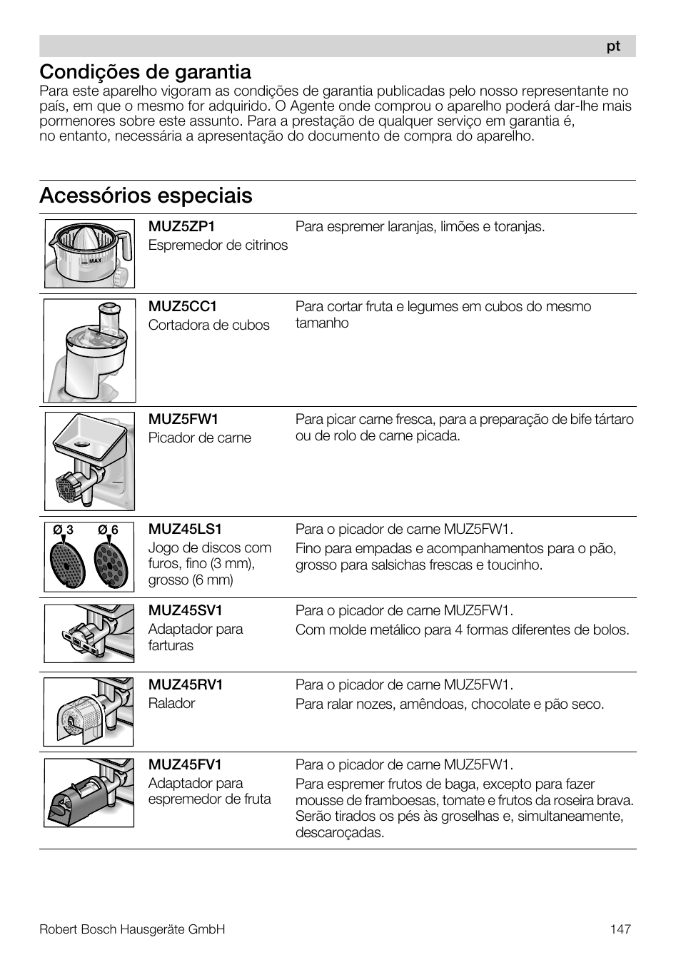Acessórios especiais, Condições de garantia | Bosch MUM57810 KITCHEN MACHINE INOX 900W HOME PRO Home Professional User Manual | Page 147 / 208
