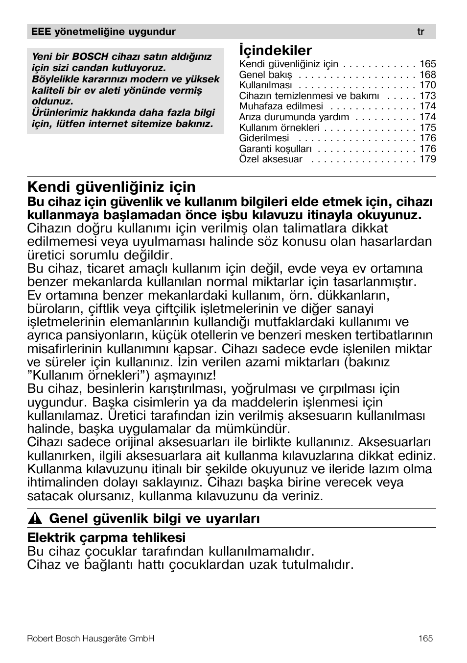Kendi güvenliðiniz için, Ýçindekiler | Bosch MUM57810 KITCHEN MACHINE INOX 900W HOME PRO Home Professional User Manual | Page 165 / 208
