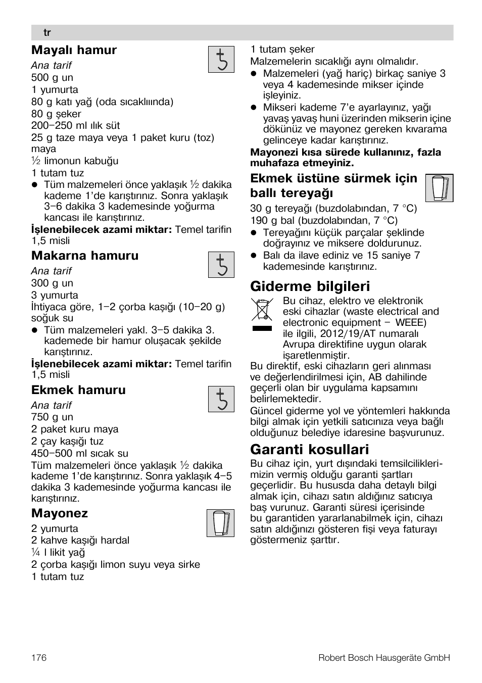 Giderme bilgileri, Garanti kosullari | Bosch MUM57810 KITCHEN MACHINE INOX 900W HOME PRO Home Professional User Manual | Page 176 / 208