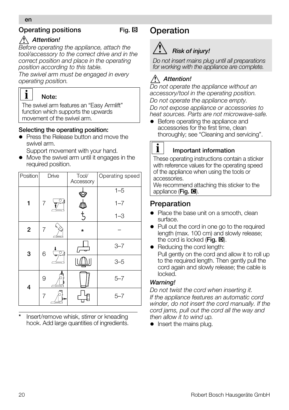Operation, Preparation | Bosch MUM57810 KITCHEN MACHINE INOX 900W HOME PRO Home Professional User Manual | Page 20 / 208