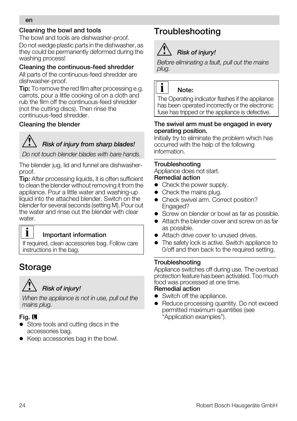Storage, Troubleshooting | Bosch MUM57810 KITCHEN MACHINE INOX 900W HOME PRO Home Professional User Manual | Page 24 / 208