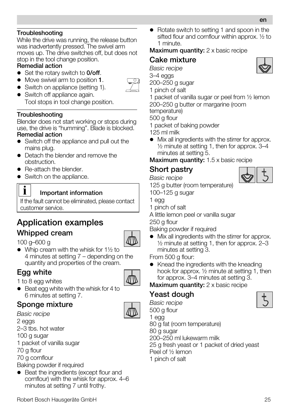 Application examples, Whipped cream, Egg white | Sponge mixture, Cake mixture, Short pastry, Yeast dough | Bosch MUM57810 KITCHEN MACHINE INOX 900W HOME PRO Home Professional User Manual | Page 25 / 208
