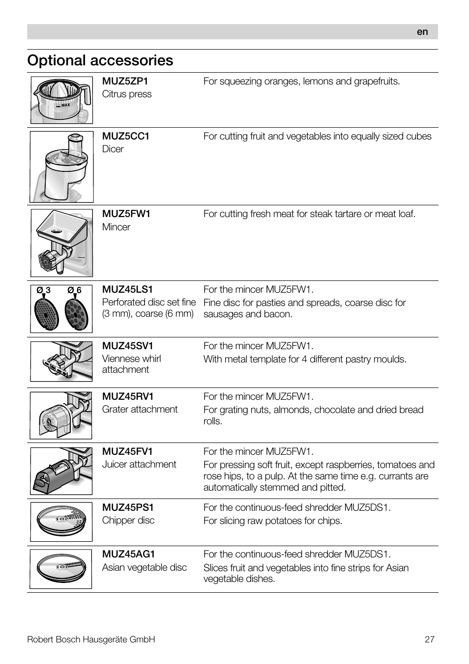 Optional accessories | Bosch MUM57810 KITCHEN MACHINE INOX 900W HOME PRO Home Professional User Manual | Page 27 / 208