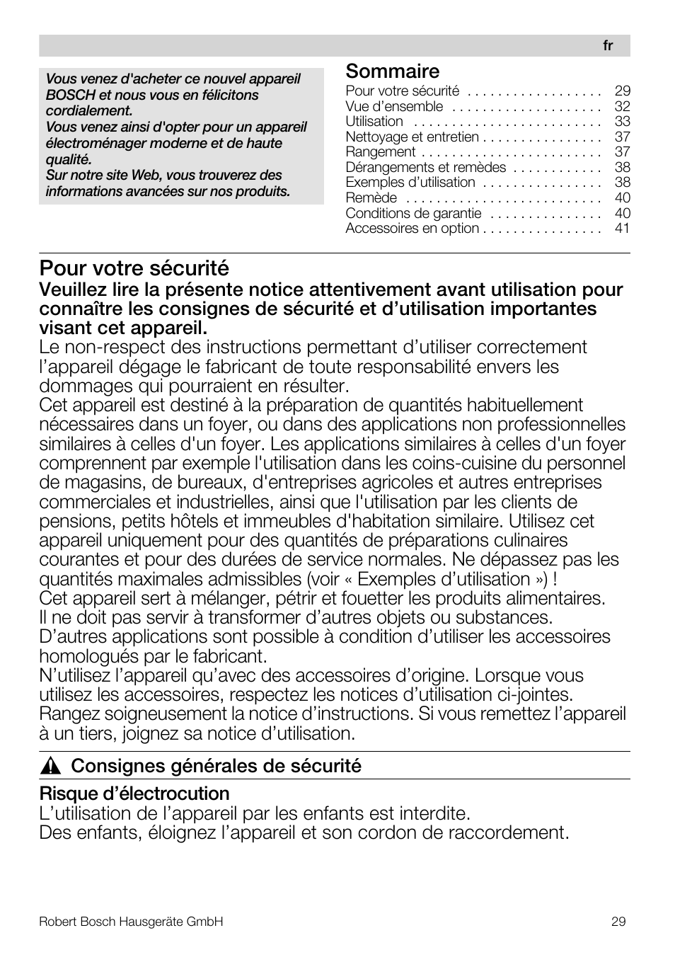 Pour votre sécurité, Sommaire | Bosch MUM57810 KITCHEN MACHINE INOX 900W HOME PRO Home Professional User Manual | Page 29 / 208