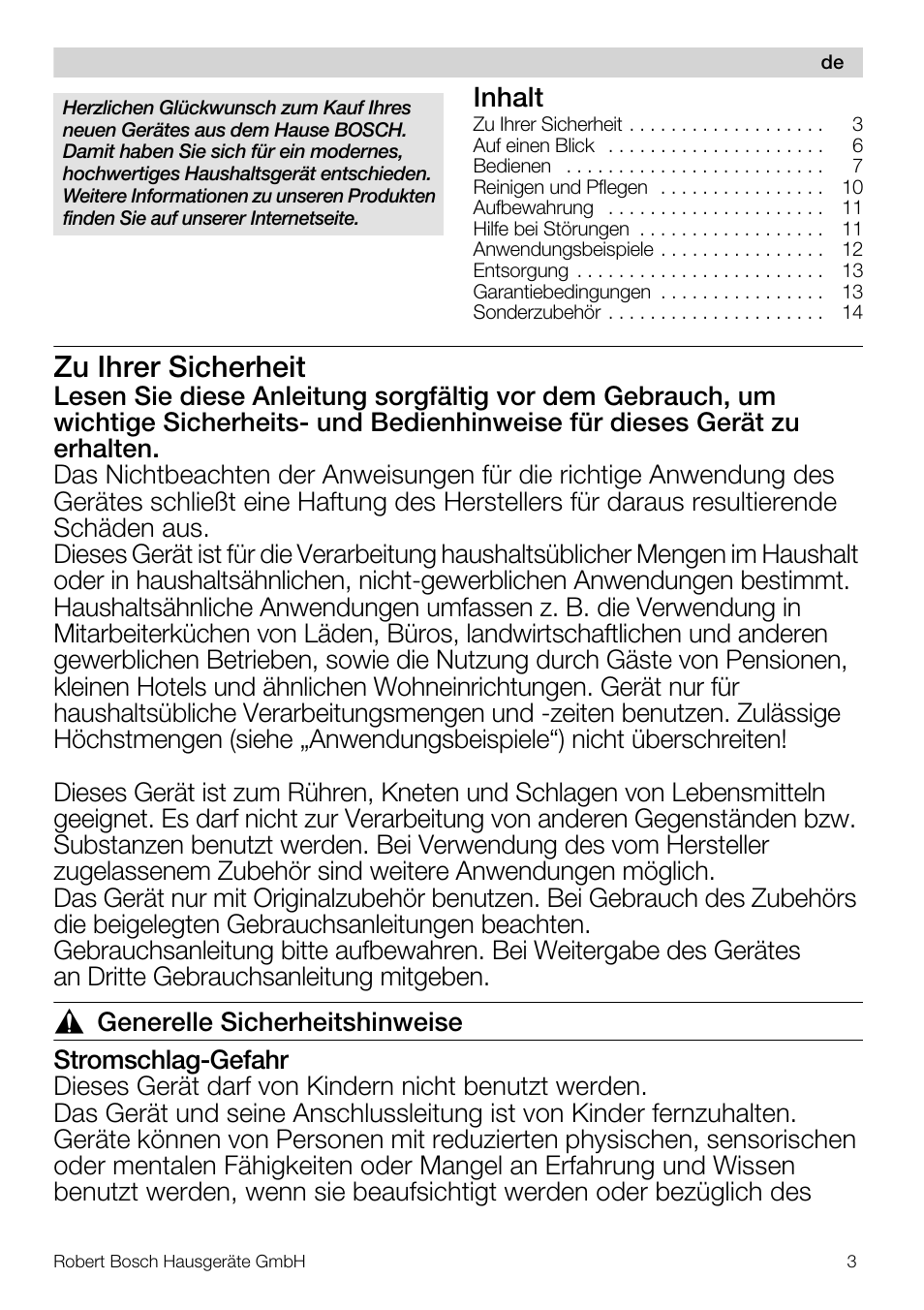 Zu ihrer sicherheit, Inhalt | Bosch MUM57810 KITCHEN MACHINE INOX 900W HOME PRO Home Professional User Manual | Page 3 / 208