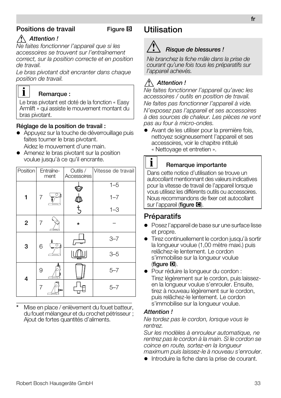 Utilisation, Préparatifs | Bosch MUM57810 KITCHEN MACHINE INOX 900W HOME PRO Home Professional User Manual | Page 33 / 208