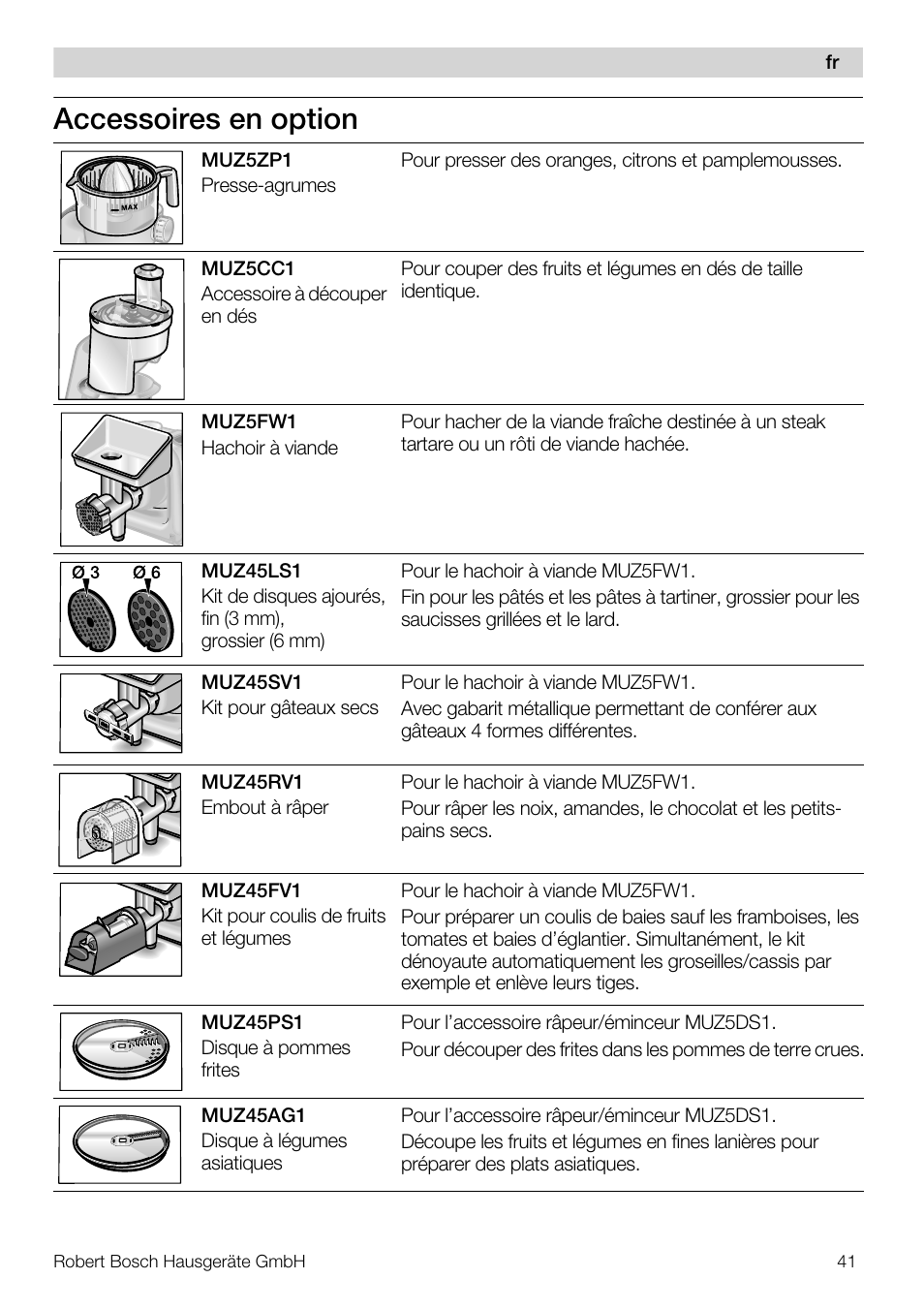 Accessoires en option | Bosch MUM57810 KITCHEN MACHINE INOX 900W HOME PRO Home Professional User Manual | Page 41 / 208