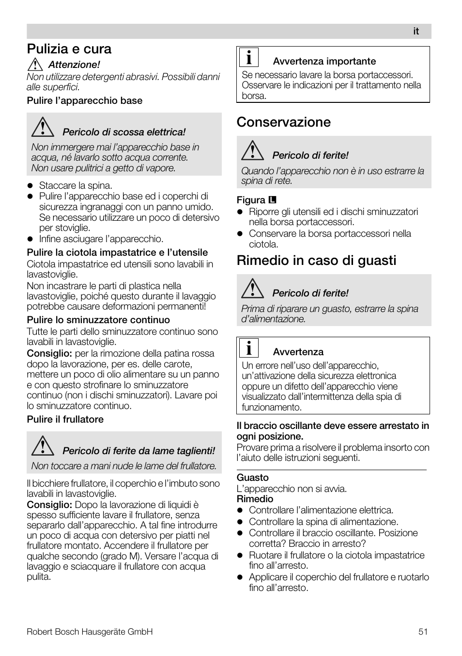 Pulizia e cura, Conservazione, Rimedio in caso di guasti | Bosch MUM57810 KITCHEN MACHINE INOX 900W HOME PRO Home Professional User Manual | Page 51 / 208