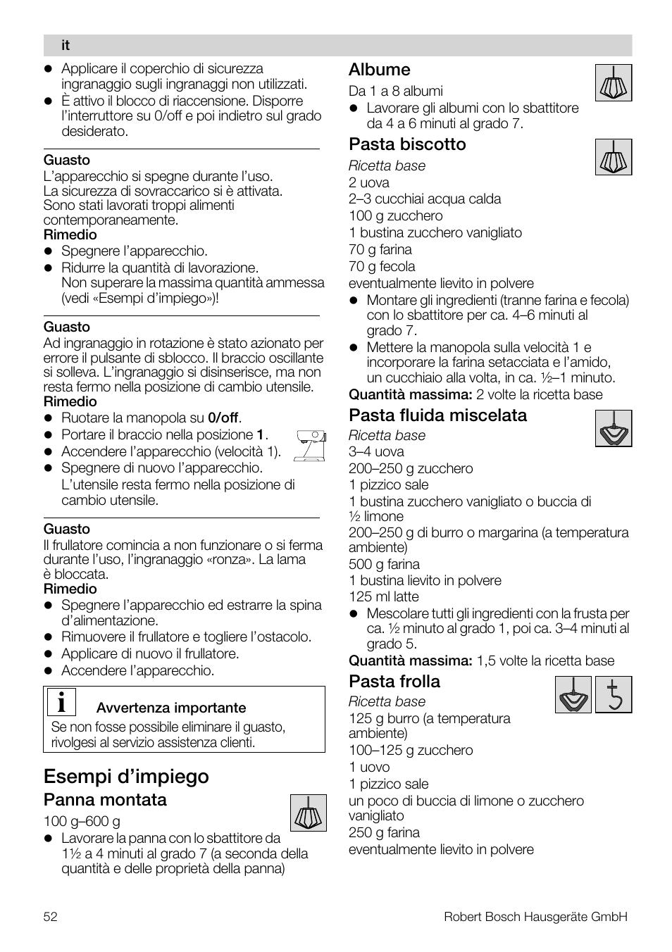 Esempi d’impiego, Panna montata, Albume | Pasta biscotto, Pasta fluida miscelata, Pasta frolla | Bosch MUM57810 KITCHEN MACHINE INOX 900W HOME PRO Home Professional User Manual | Page 52 / 208