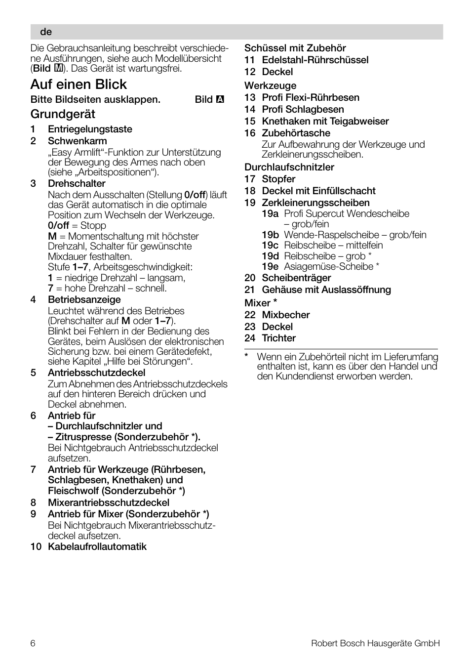 Auf einen blick, Grundgerät | Bosch MUM57810 KITCHEN MACHINE INOX 900W HOME PRO Home Professional User Manual | Page 6 / 208