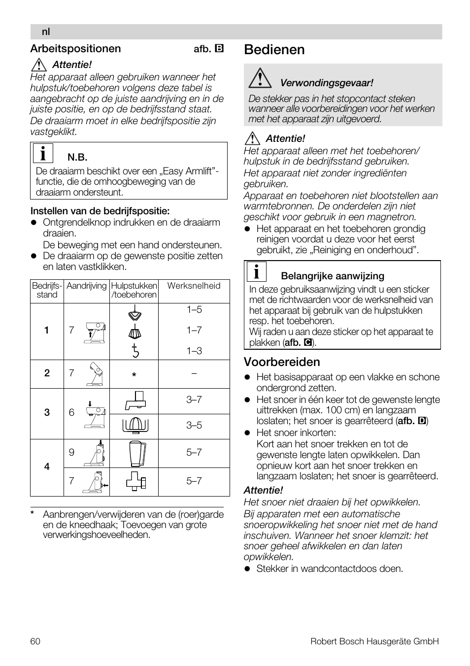 Bedienen, Voorbereiden | Bosch MUM57810 KITCHEN MACHINE INOX 900W HOME PRO Home Professional User Manual | Page 60 / 208