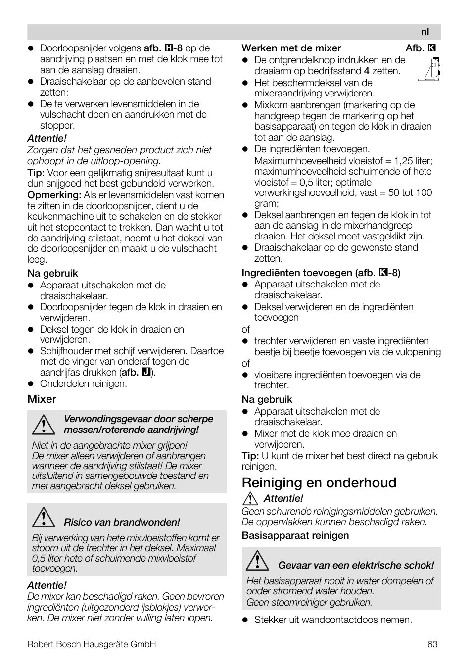 Reiniging en onderhoud | Bosch MUM57810 KITCHEN MACHINE INOX 900W HOME PRO Home Professional User Manual | Page 63 / 208