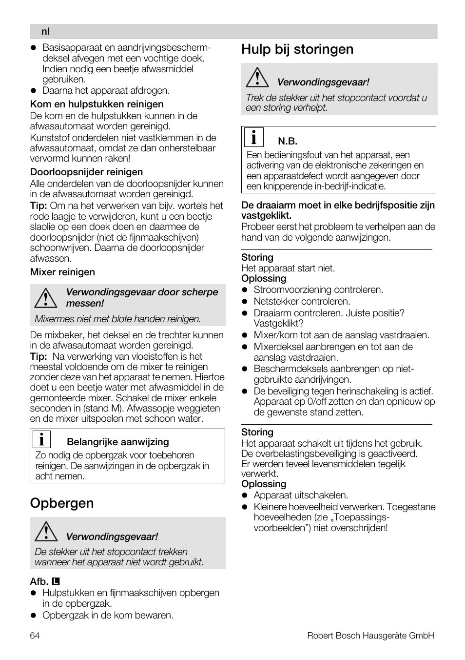 Opbergen, Hulp bij storingen | Bosch MUM57810 KITCHEN MACHINE INOX 900W HOME PRO Home Professional User Manual | Page 64 / 208