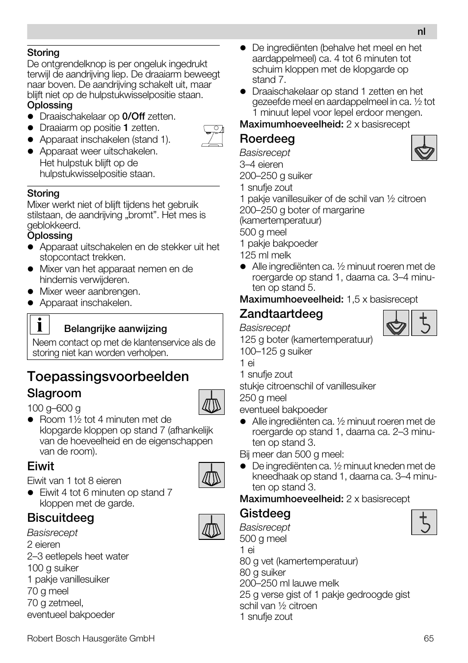 Toepassingsvoorbeelden, Slagroom, Eiwit | Biscuitdeeg, Roerdeeg, Zandtaartdeeg, Gistdeeg | Bosch MUM57810 KITCHEN MACHINE INOX 900W HOME PRO Home Professional User Manual | Page 65 / 208