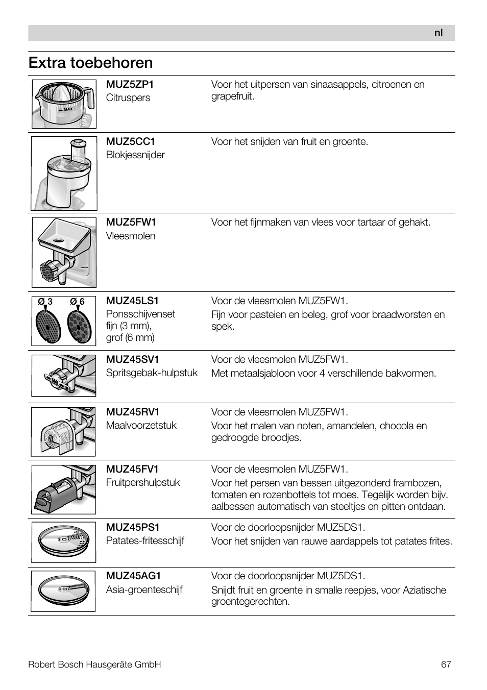 Extra toebehoren | Bosch MUM57810 KITCHEN MACHINE INOX 900W HOME PRO Home Professional User Manual | Page 67 / 208