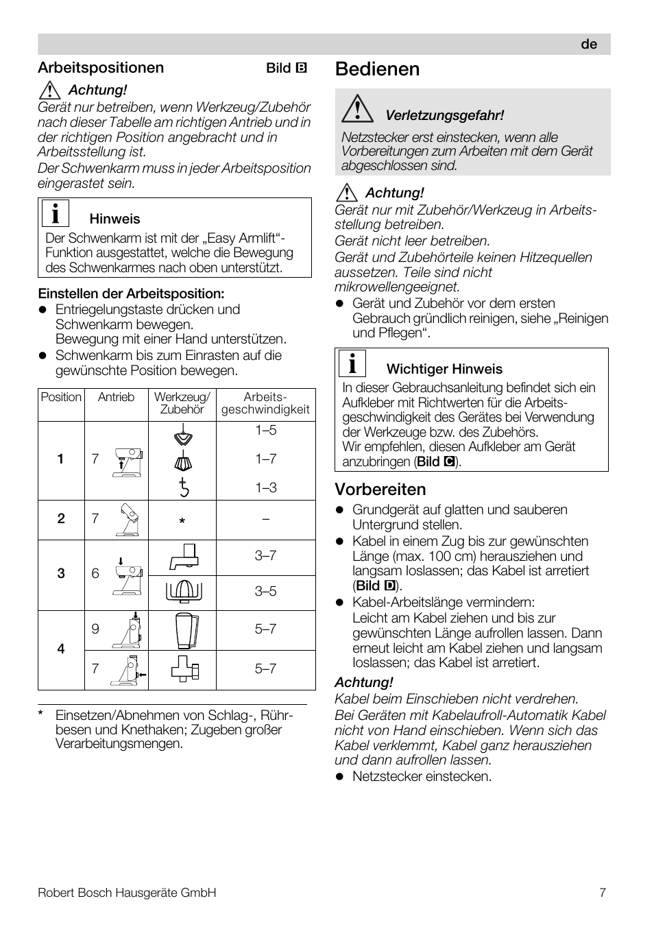 Bedienen, Vorbereiten | Bosch MUM57810 KITCHEN MACHINE INOX 900W HOME PRO Home Professional User Manual | Page 7 / 208
