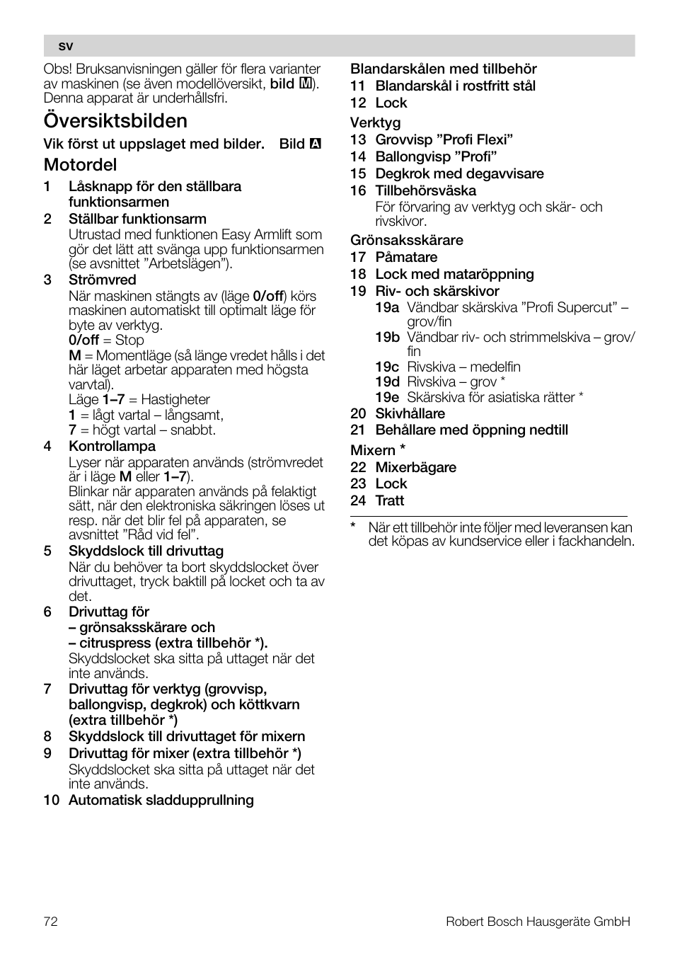 Översiktsbilden, Motordel | Bosch MUM57810 KITCHEN MACHINE INOX 900W HOME PRO Home Professional User Manual | Page 72 / 208