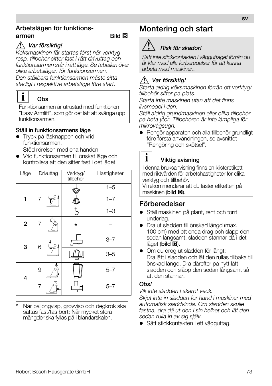 Montering och start, Förberedelser | Bosch MUM57810 KITCHEN MACHINE INOX 900W HOME PRO Home Professional User Manual | Page 73 / 208
