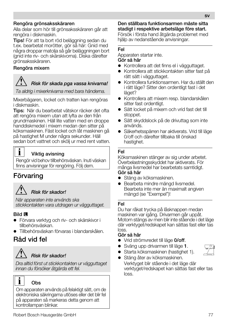 Förvaring, Råd vid fel | Bosch MUM57810 KITCHEN MACHINE INOX 900W HOME PRO Home Professional User Manual | Page 77 / 208