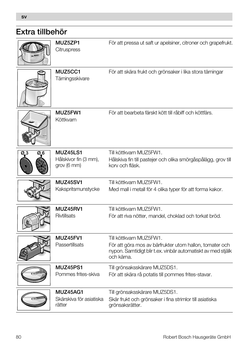 Extra tillbehör | Bosch MUM57810 KITCHEN MACHINE INOX 900W HOME PRO Home Professional User Manual | Page 80 / 208