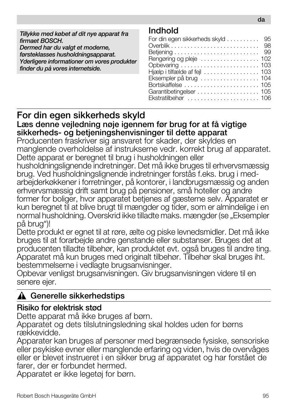 For din egen sikkerheds skyld, Indhold | Bosch MUM57810 KITCHEN MACHINE INOX 900W HOME PRO Home Professional User Manual | Page 95 / 208