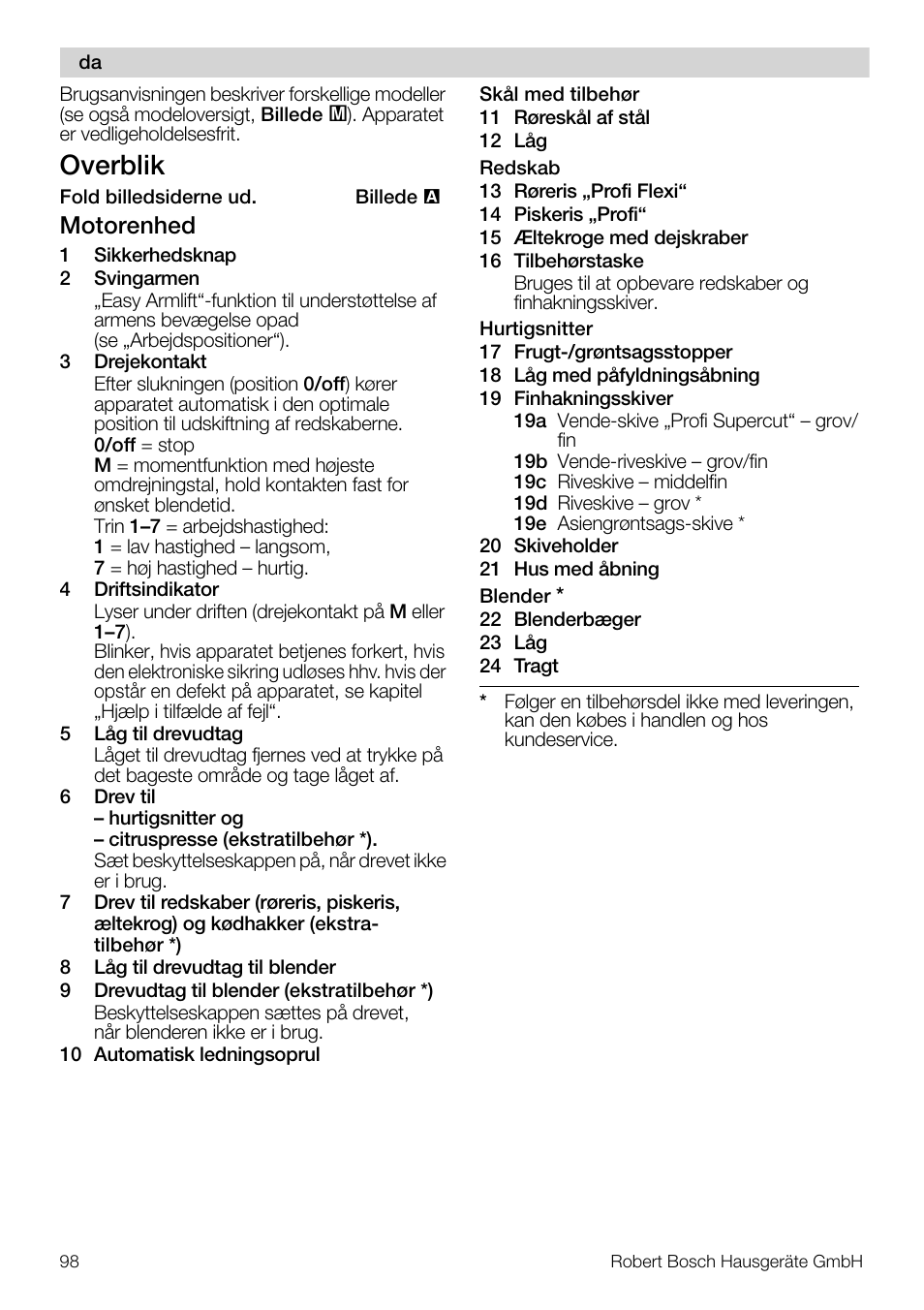 Overblik, Motorenhed | Bosch MUM57810 KITCHEN MACHINE INOX 900W HOME PRO Home Professional User Manual | Page 98 / 208